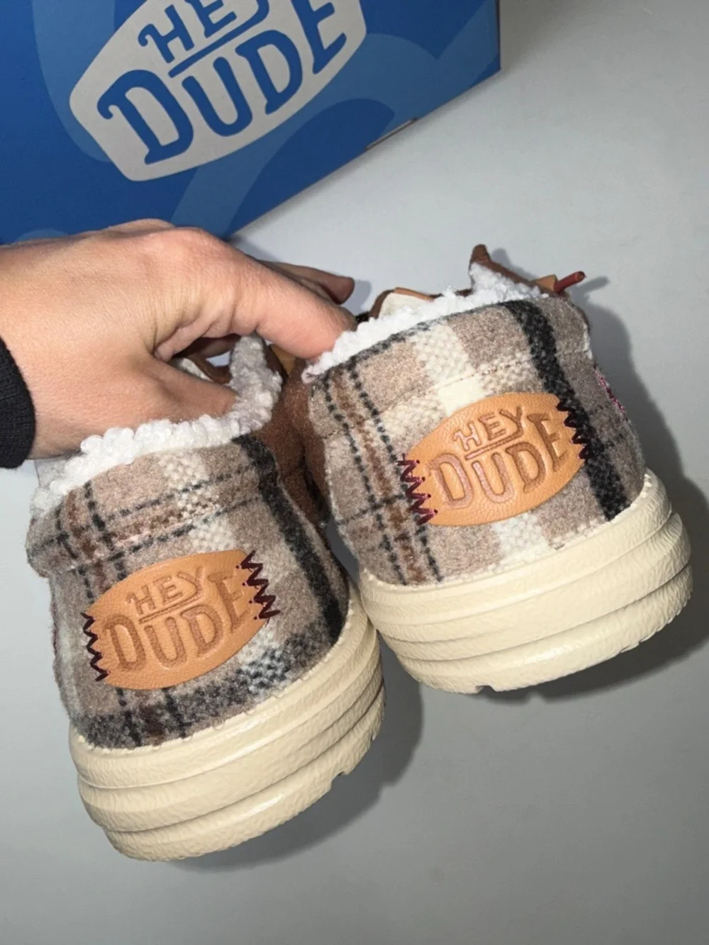 HEY DUDE $70 New Mens Size 8 Brown Casual Slip On Wally Cozy Plaid Shoes Box53